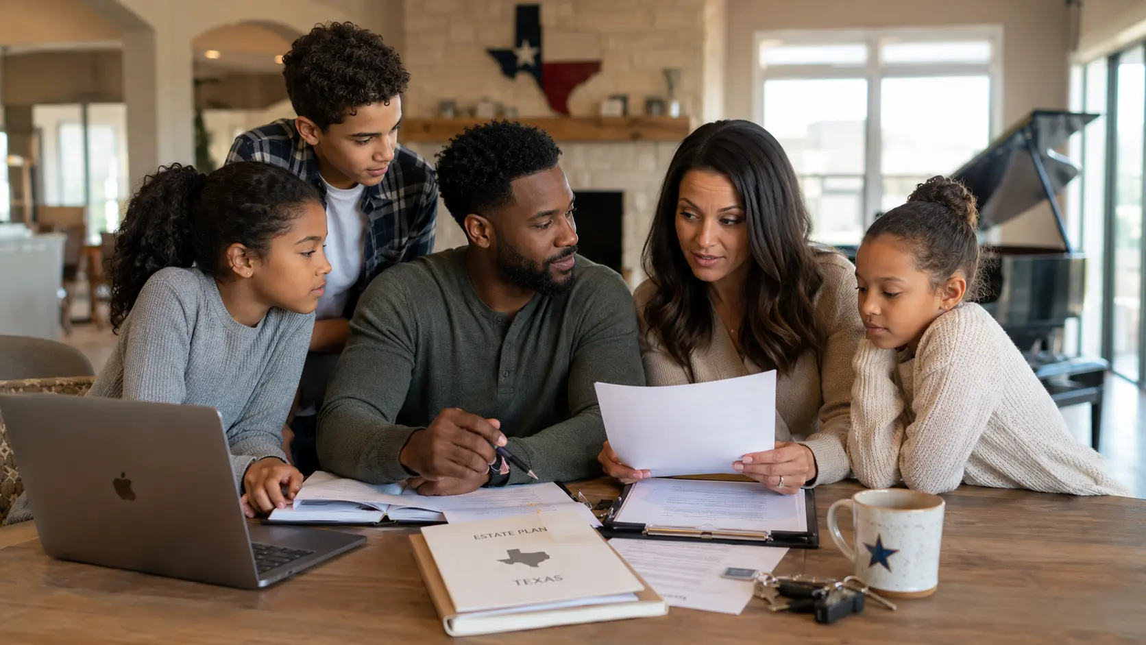 A blended Texas family gathered at home, representing estate planning for spouses, children from prior relationships, and shared assets.