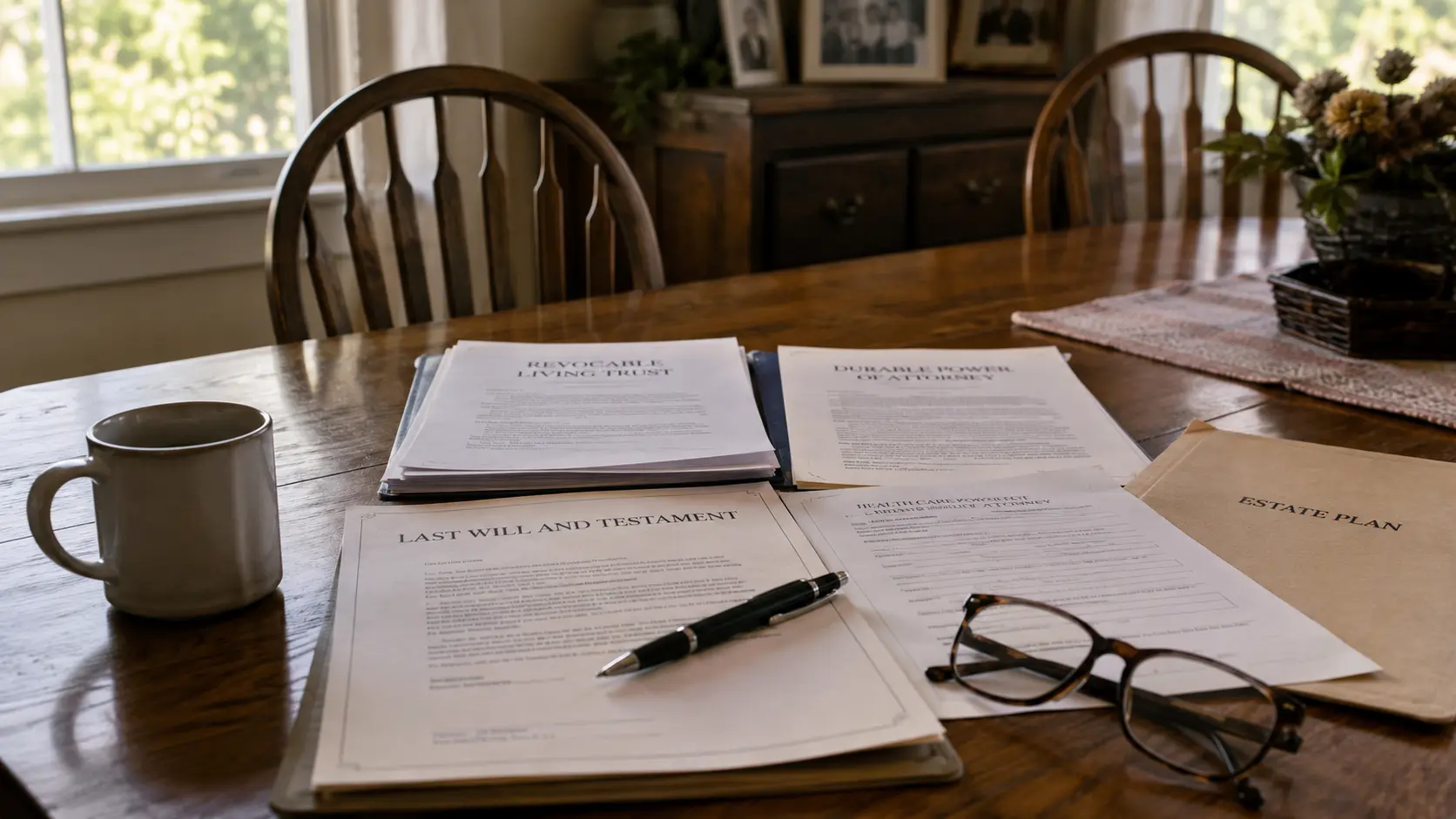 An empty Texas family dining table with estate paperwork, representing what happens when someone dies without a will.
