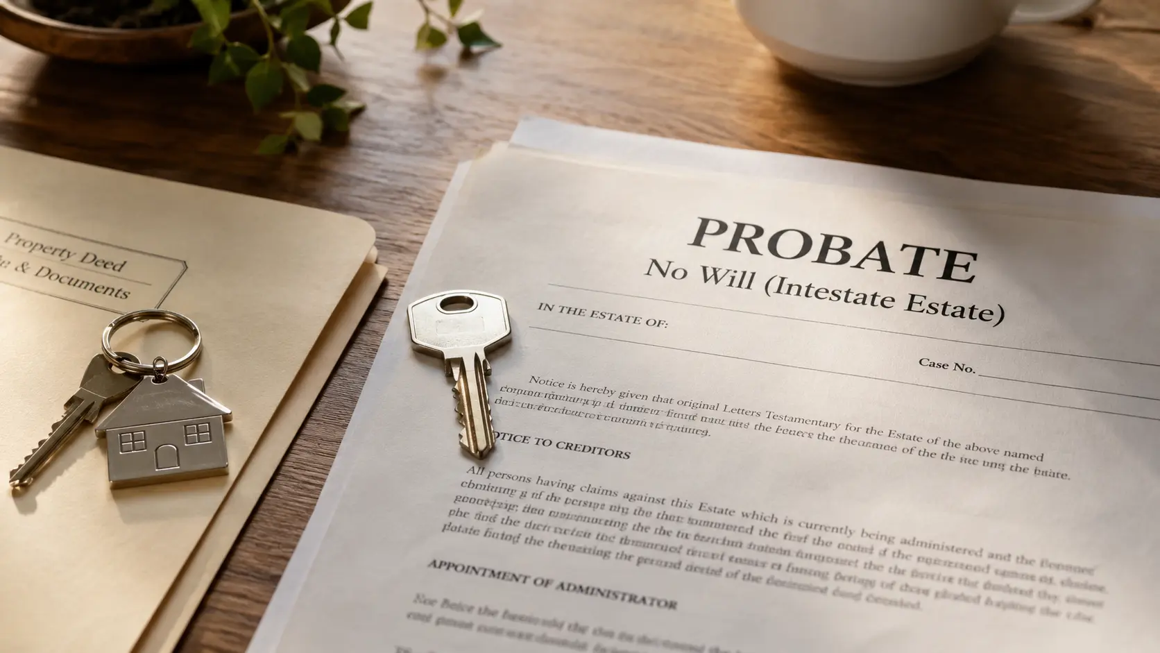 A house key beside probate paperwork showing how a Texas home may be affected when there is no will.