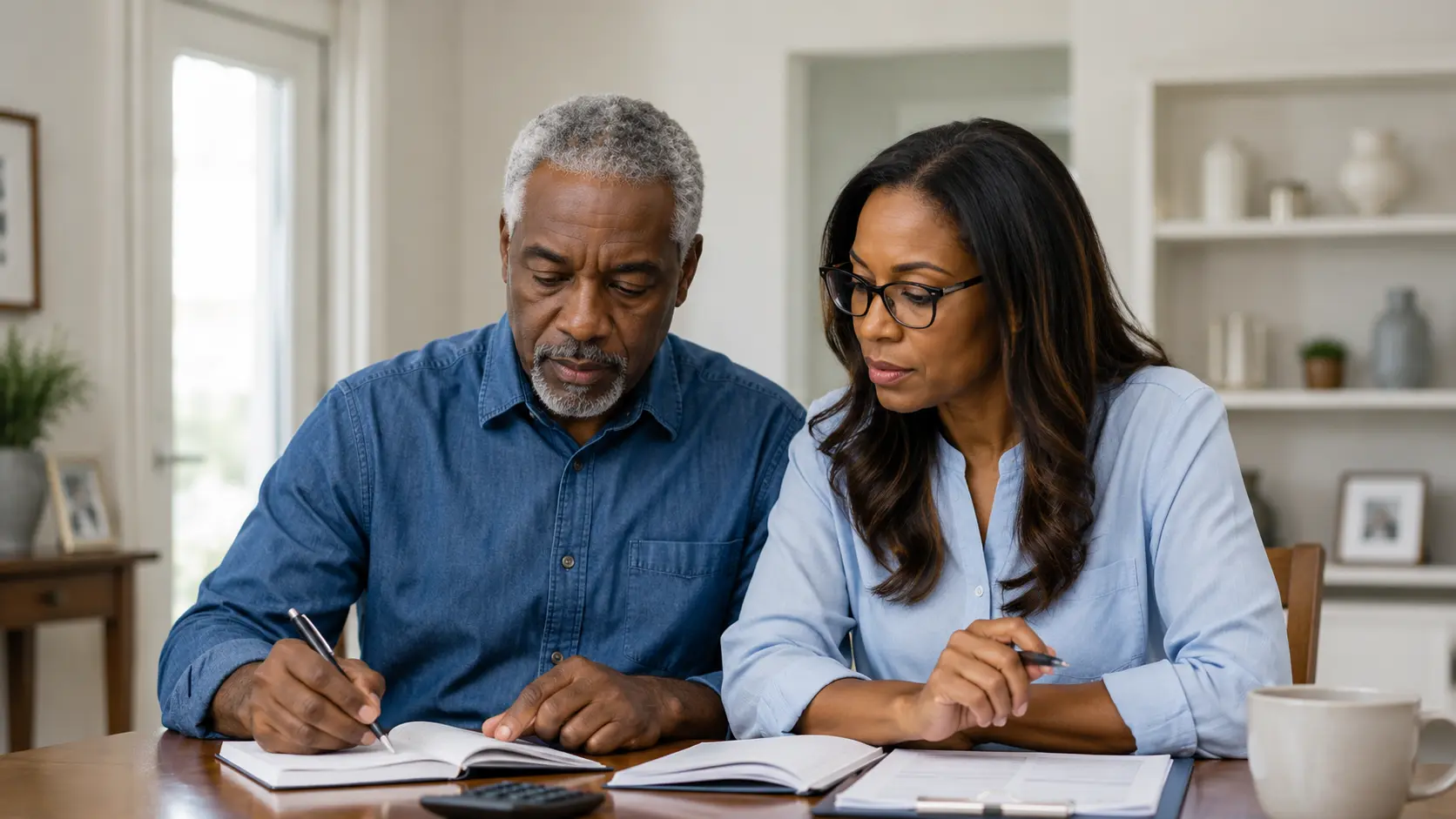 Texas parents reviewing estate planning documents at a kitchen table with family papers nearby.