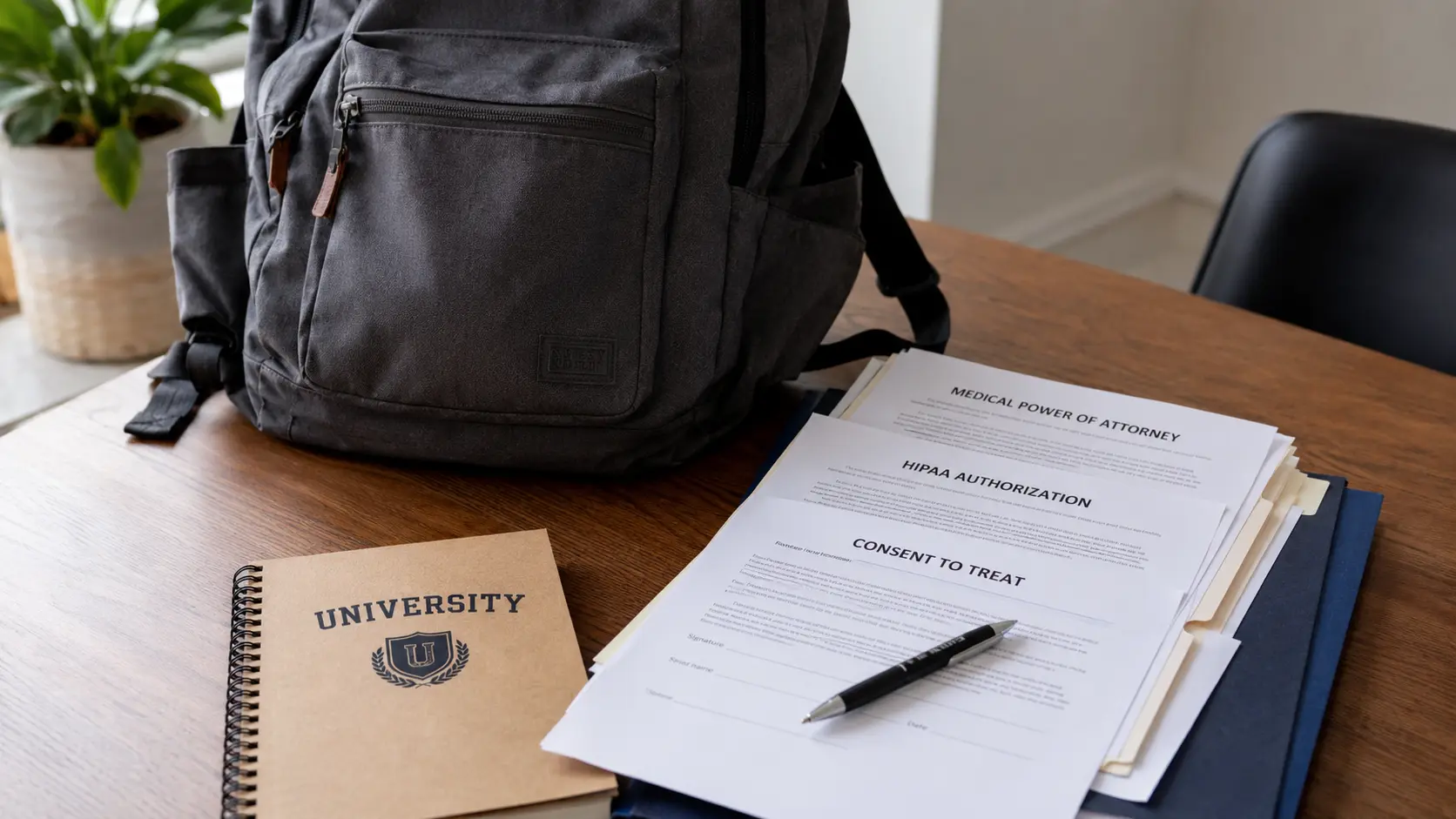 College backpack beside legal documents for a young adult turning 18.